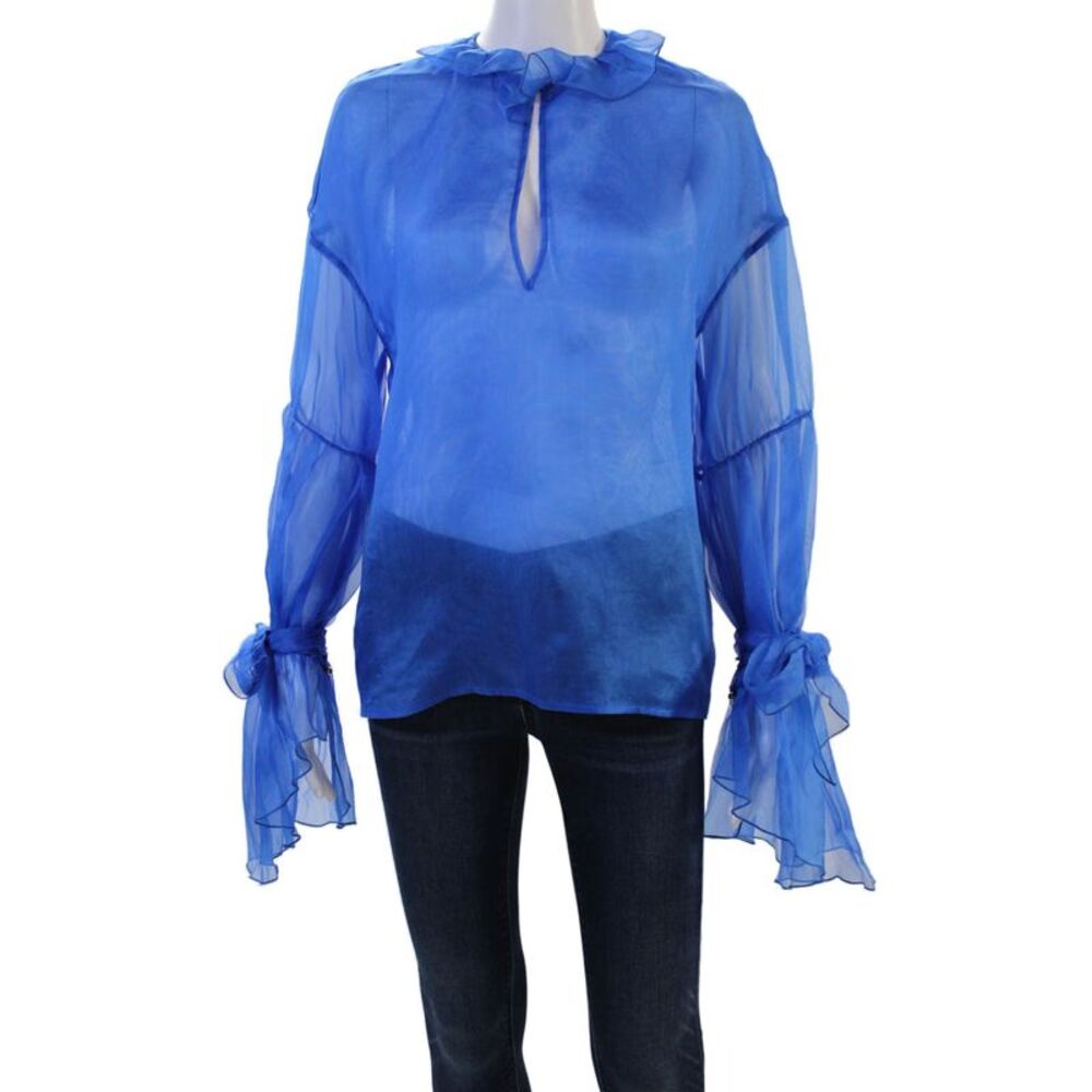 Simona Corsellini Women Silk High Neck Long Sleeve Blue Button Blouse Size 42